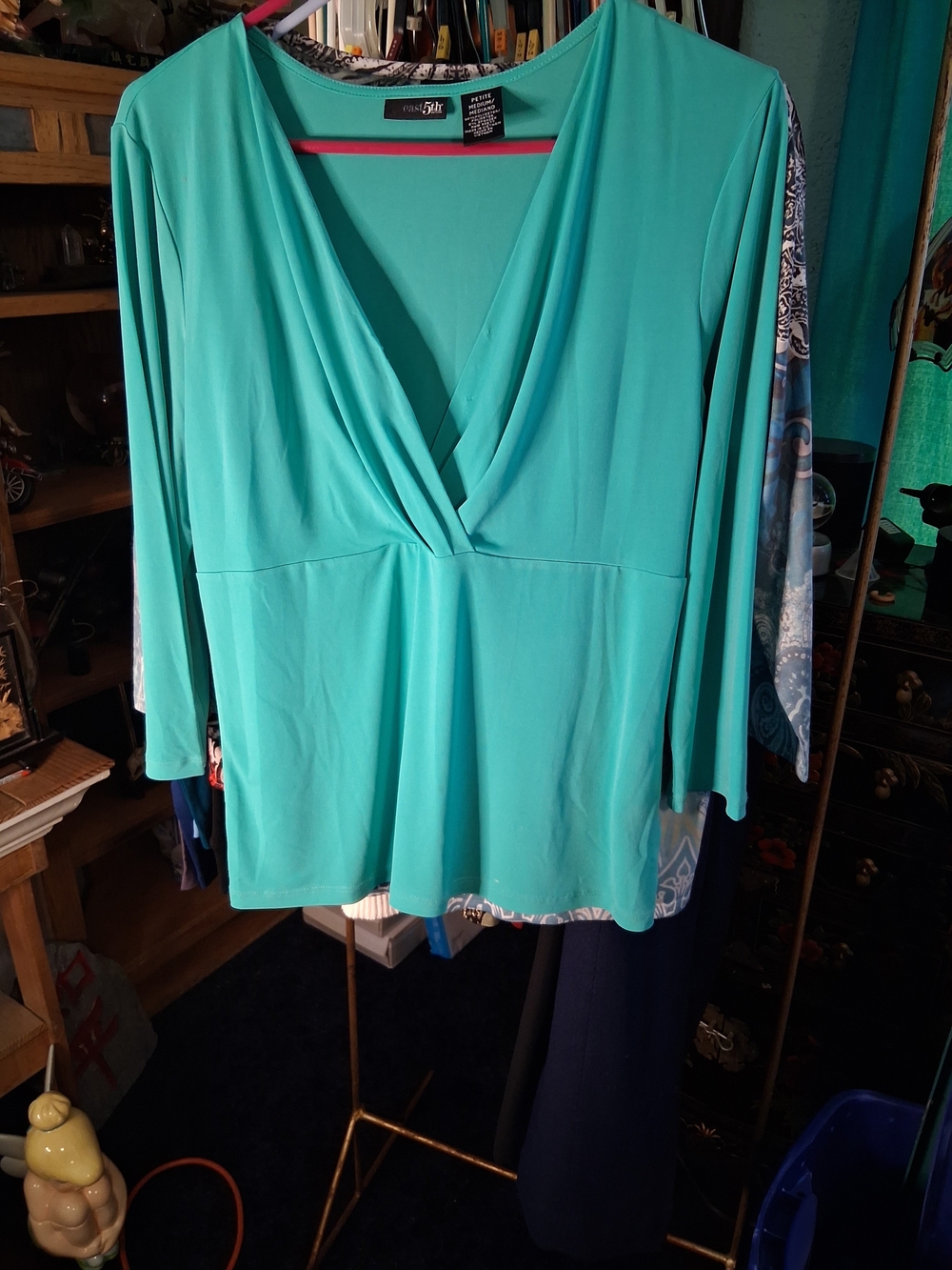 East 5th Teal Long-Sleeve Surplice Women's Top